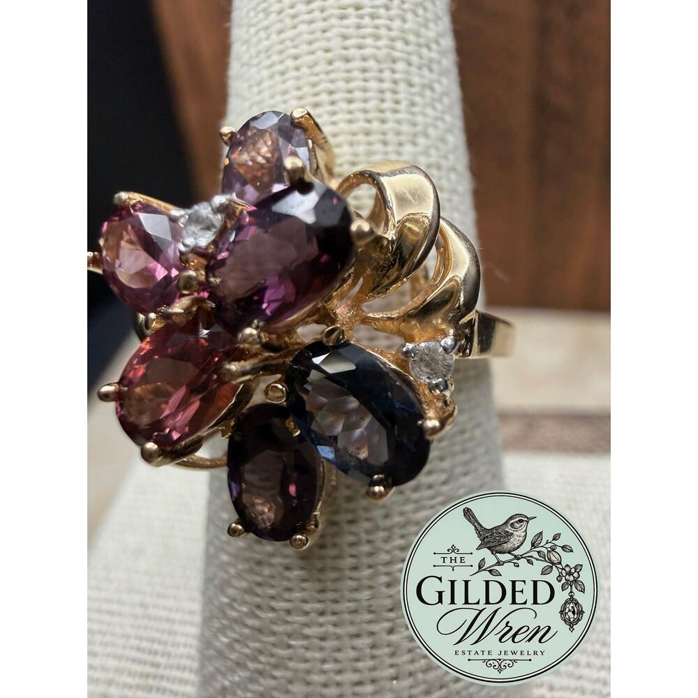 Vintage 14K Gold Multicolor Spinel Sapphire Cocktail Ring Mid Century Sz 6.75 - Picture 10 of 16